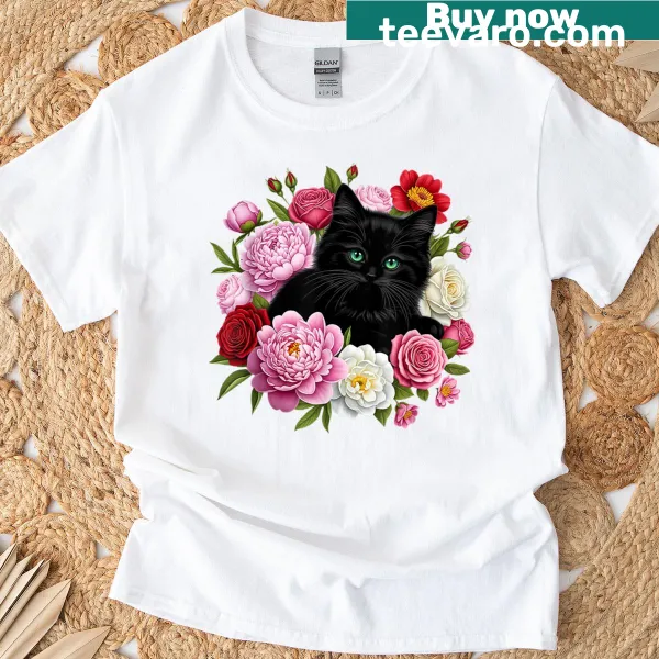 Illustration of a black cat surrounded by roses and flowers