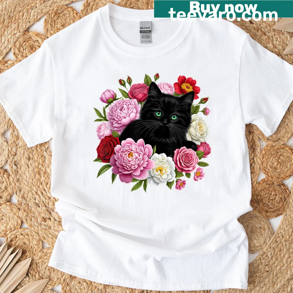 Illustration of a black cat surrounded by roses and flowers — on a men's t-shirt