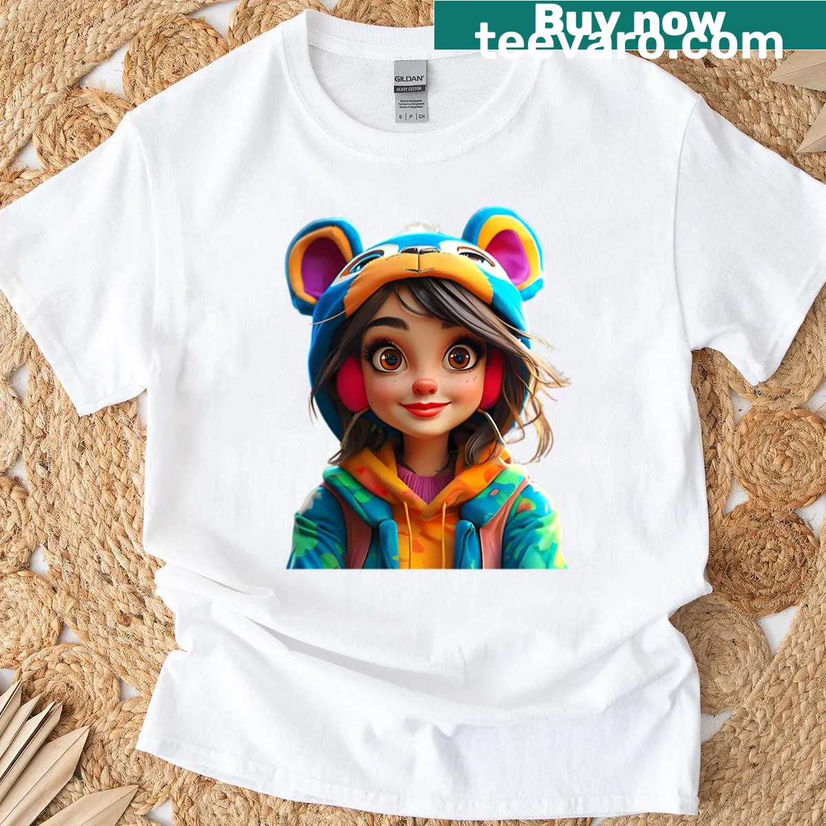 Cartoon girl in an animal costume featured on a cute t-shirt — on a men's t-shirt