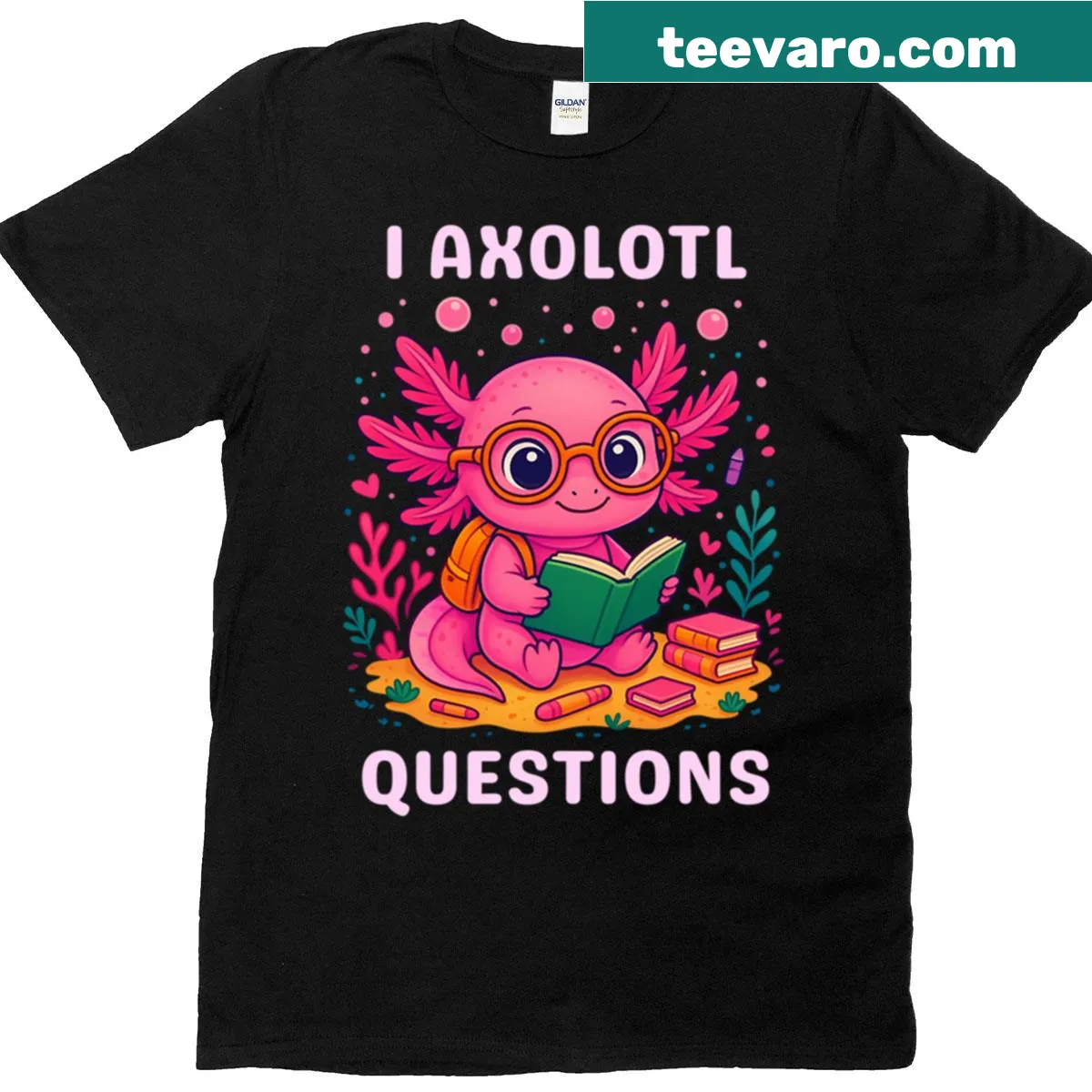 Cute reading shirt with girl asking axolotl questions — on a men's t-shirt