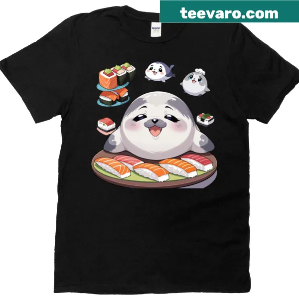 Oversized T-shirt with a seal enjoying sushi