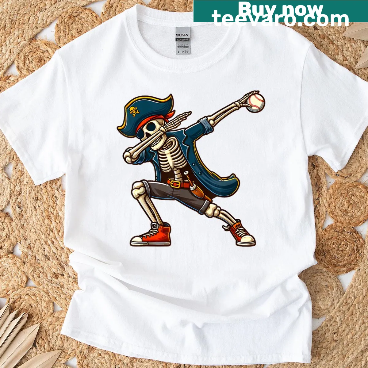 Skeleton pirate dabbing design for Halloween — on a men's t-shirt