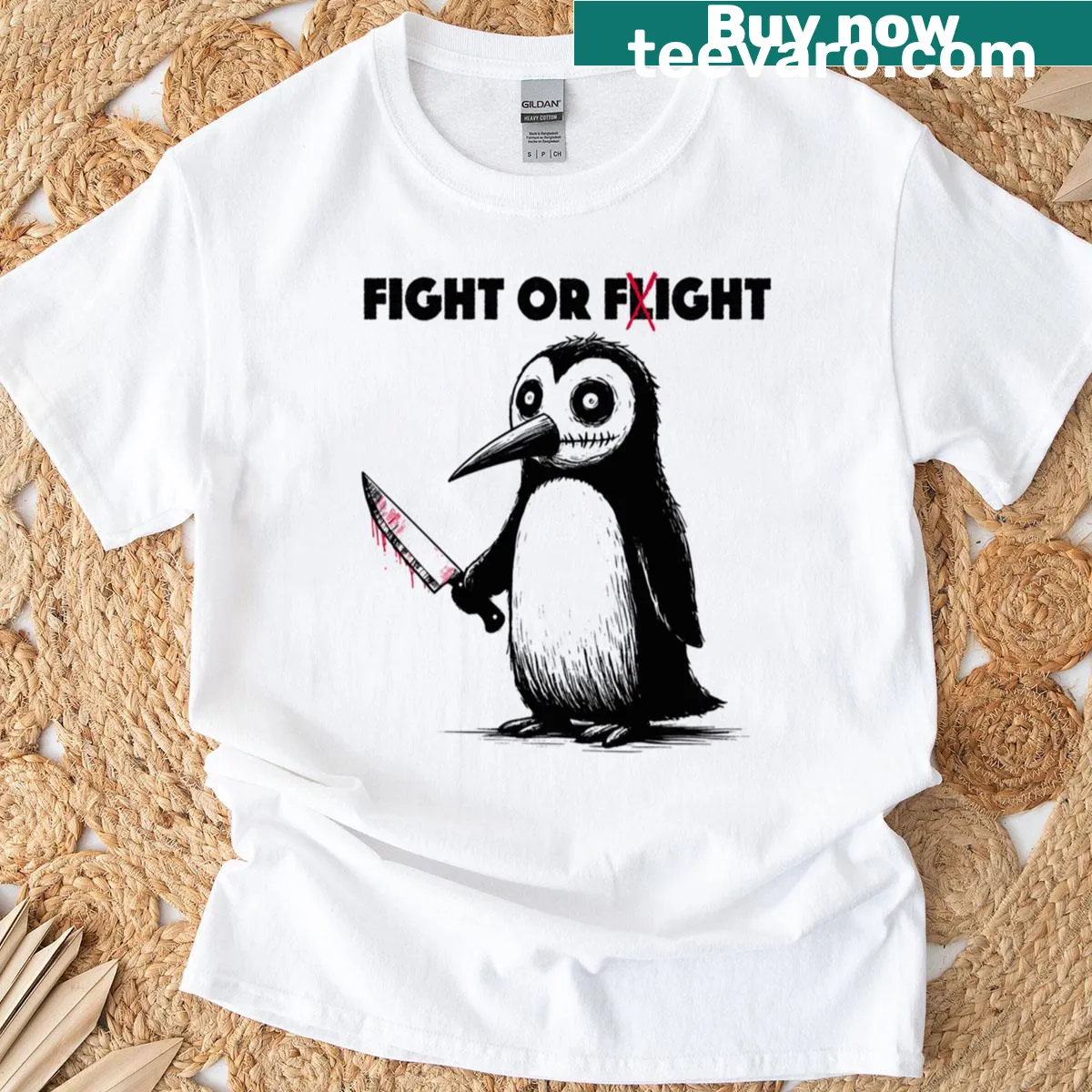 Playful dark penguin illustration with knife on a t-shirt — on a men's t-shirt