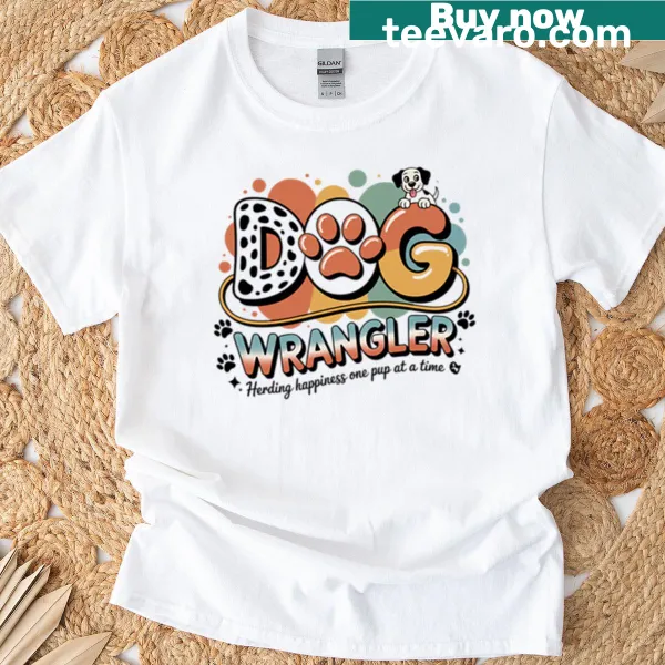 Typography t-shirt that says 'Herding Happiness One Pup At A Time' for dog lovers