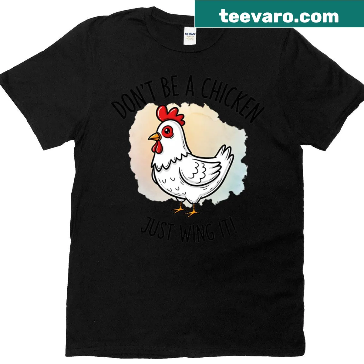 Motivational T-shirt with 'Dont Be A Chicken Just Wing It' text — on a men's t-shirt