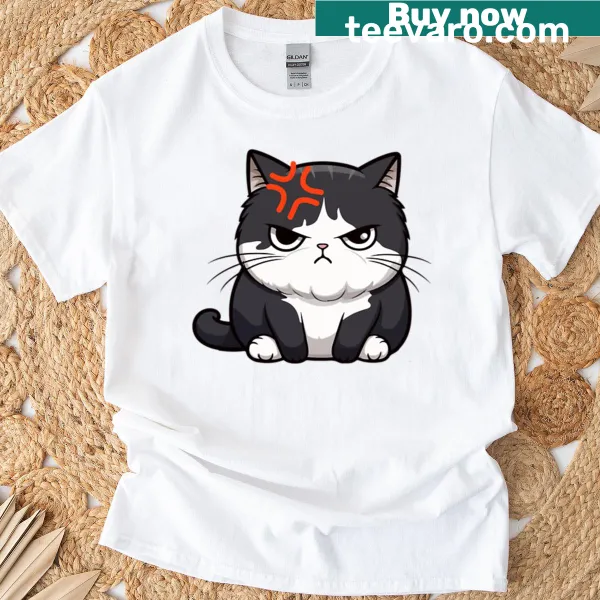Angry black and white cat t-shirt with the phrase 'Don't Talk To Meow'
