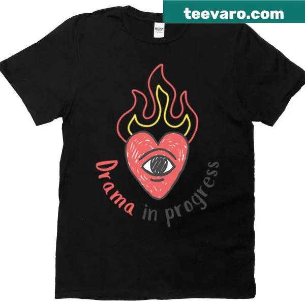 Oversized T-shirt with a cute flaming heart doodle and text 'Drama In Progress'