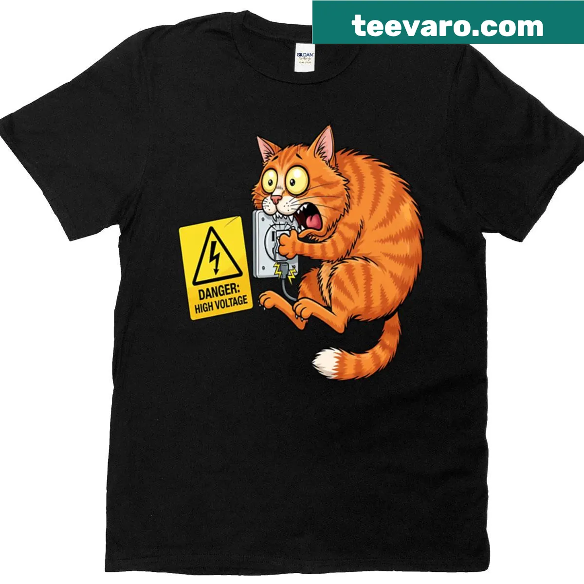 Cartoon cat vs socket design on a humorous T-shirt — on a men's t-shirt