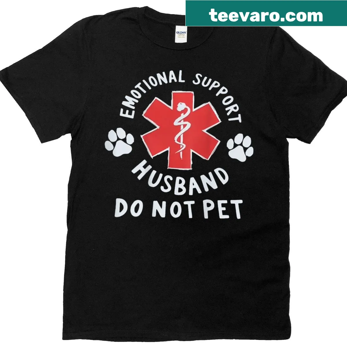 Humorous T-shirt reading 'Emotional Support Husband - Do Not Pet' — on a men's t-shirt