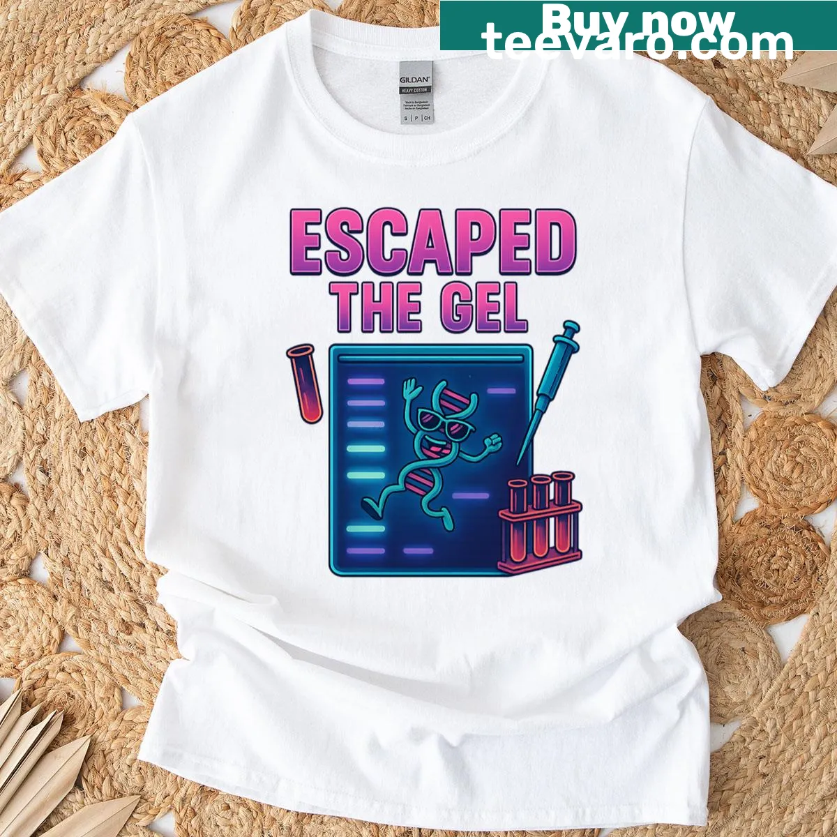 Funny science t-shirt with the phrase 'Escaped The Gel' — on a men's t-shirt