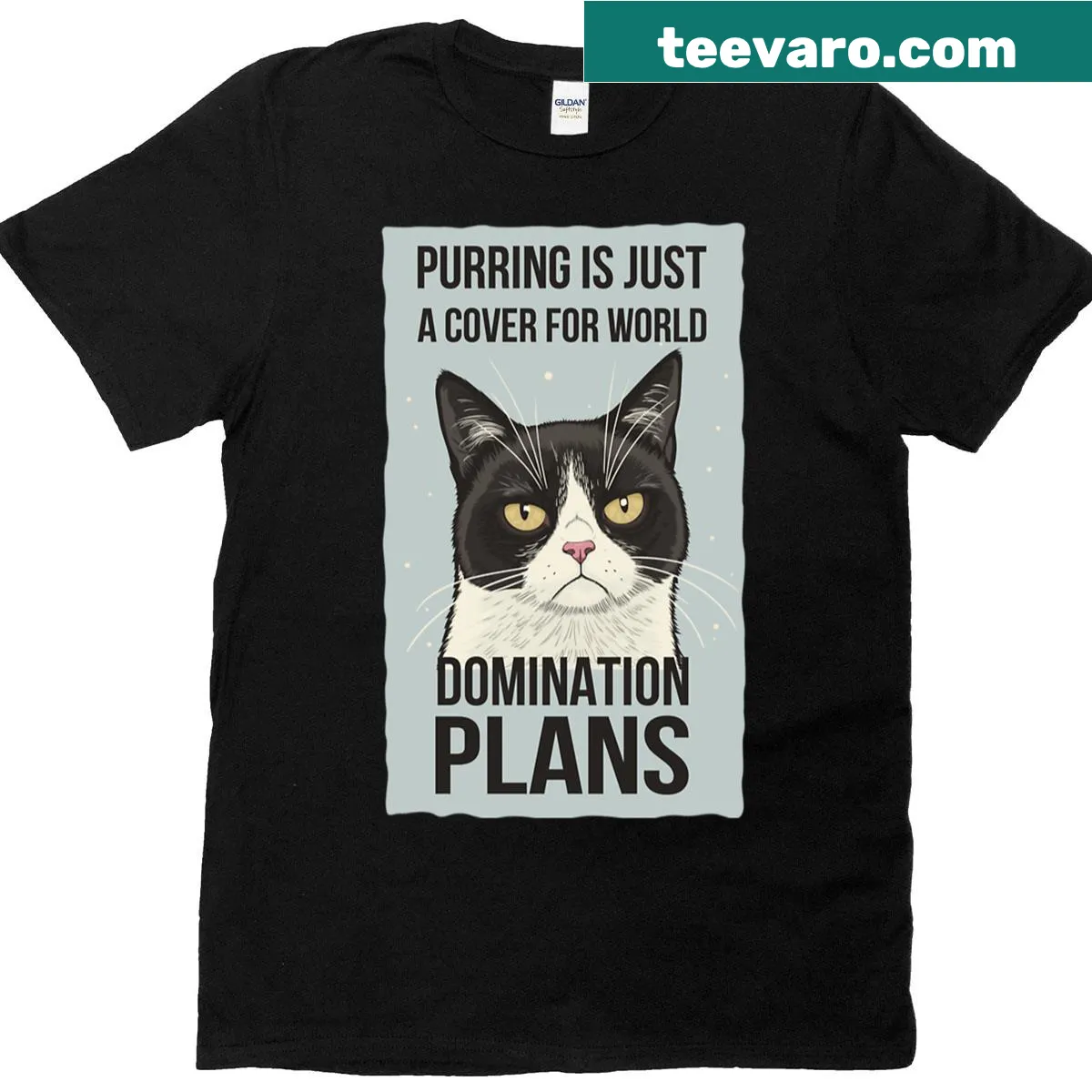 Illustration of an evil cat plotting world domination with a purr — on a men's t-shirt