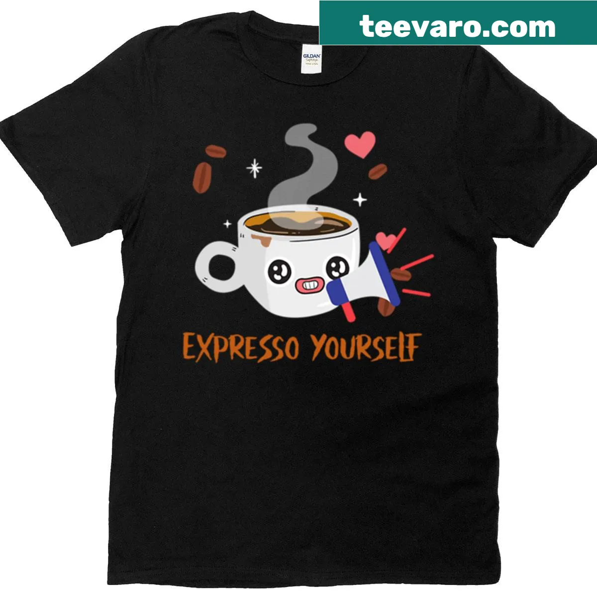 Cute coffee-themed T-shirt with 'Expresso Yourself' text — on a men's t-shirt
