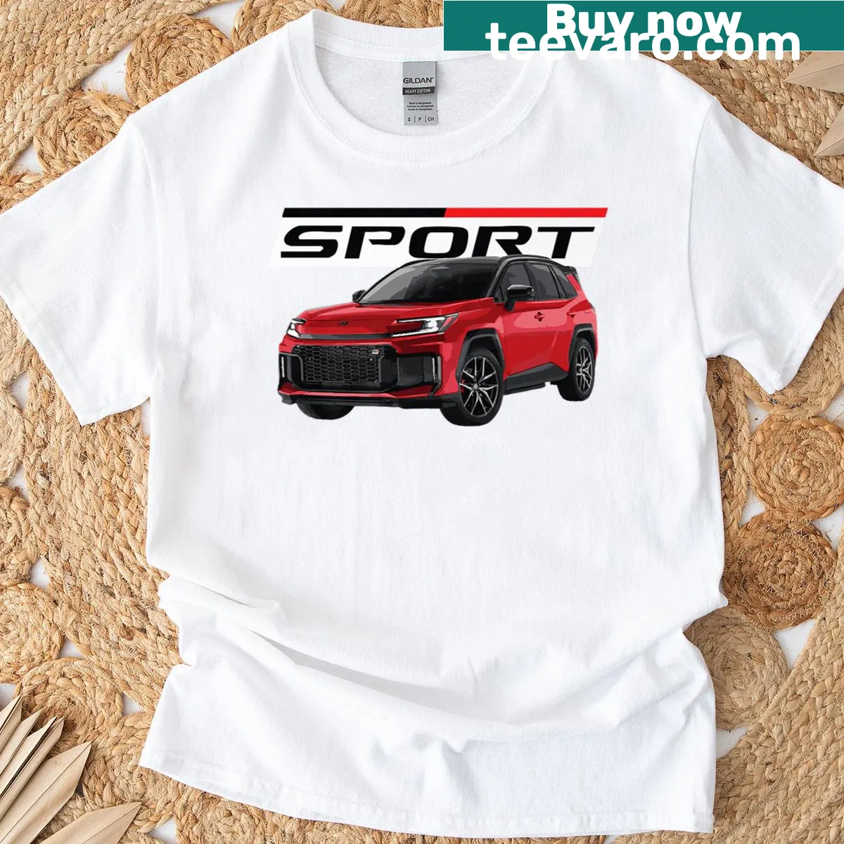Illustration of a utility vehicle on a humorous automotive-themed T-shirt — on a men's t-shirt