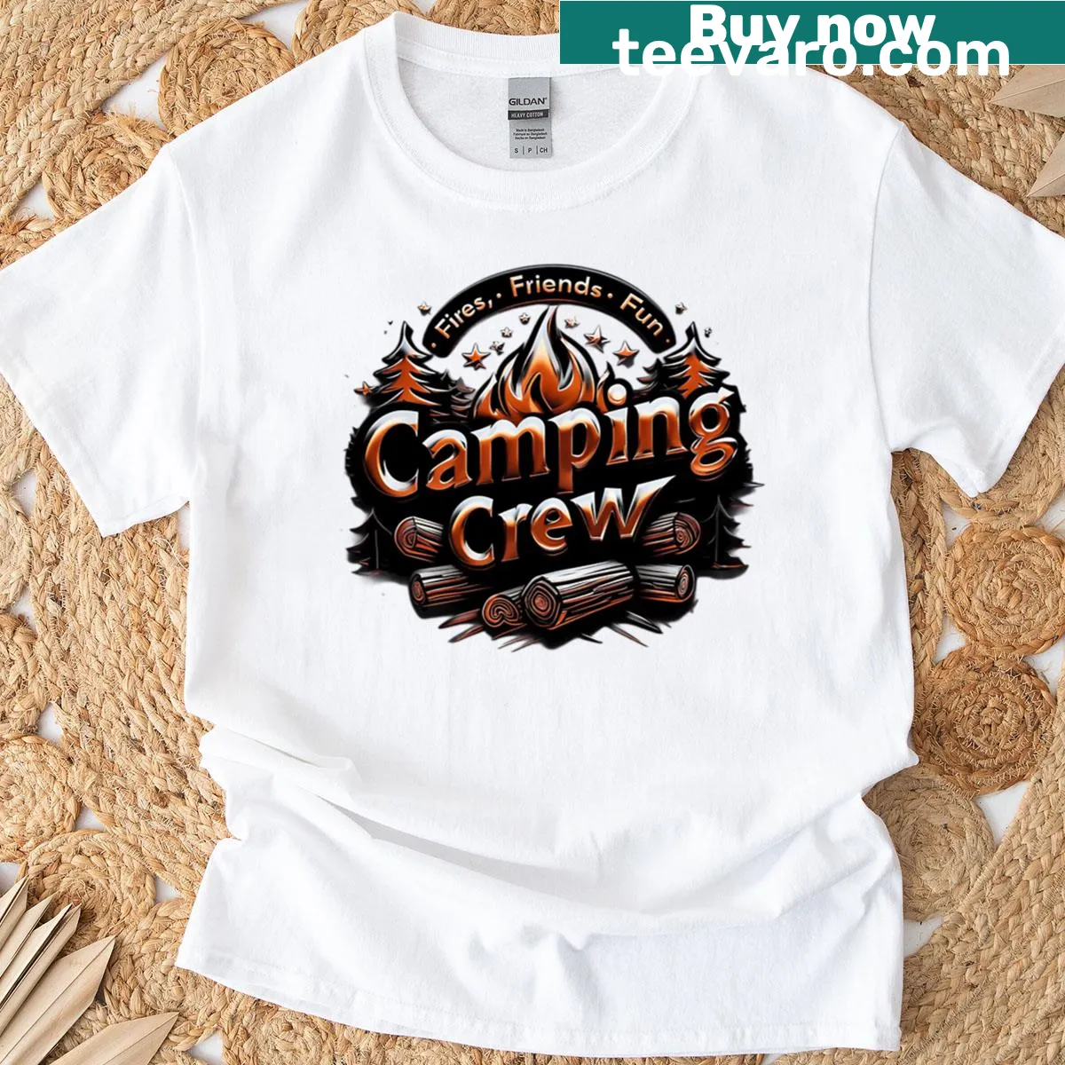 Illustration of a campfire with friends theme on a camping T-shirt — on a men's t-shirt