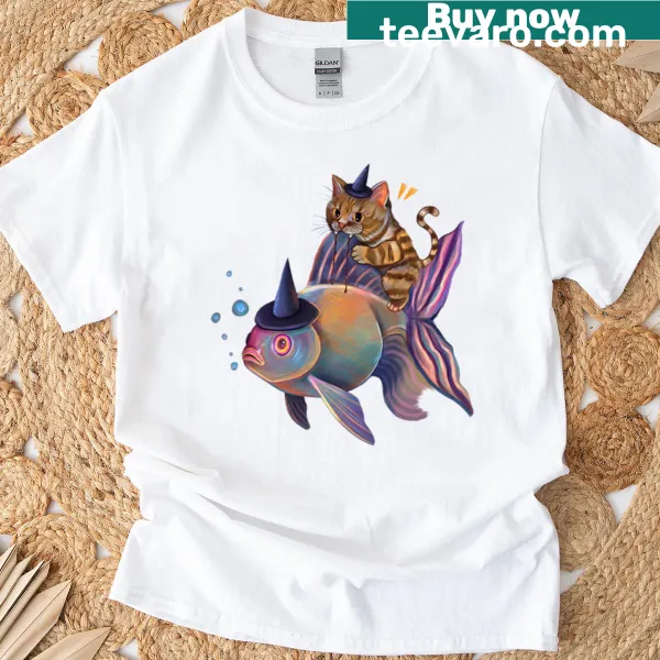 Cartoon cat and fish graphic on a humorous oversized T-shirt