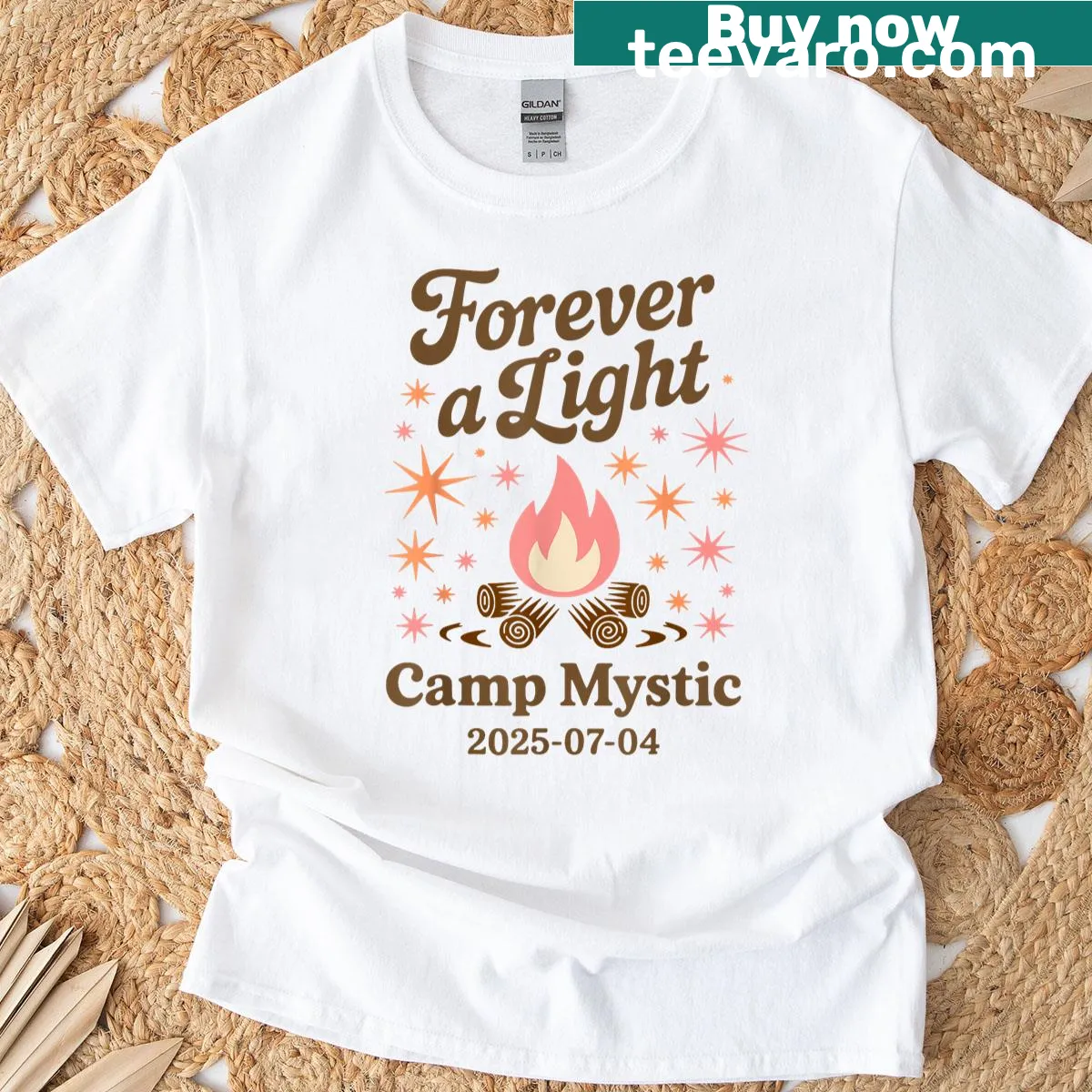 Retro t-shirt featuring Camp Mystic 2025 logo and design — on a men's t-shirt