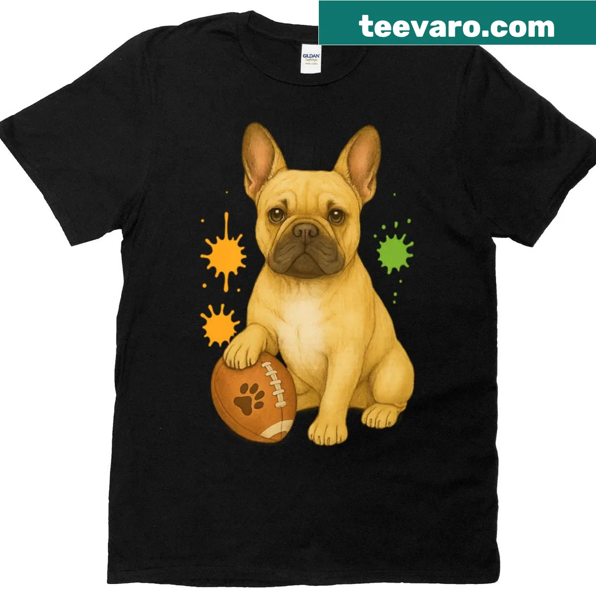 Cartoon T-shirt featuring a French Bulldog holding an American football — on a men's t-shirt