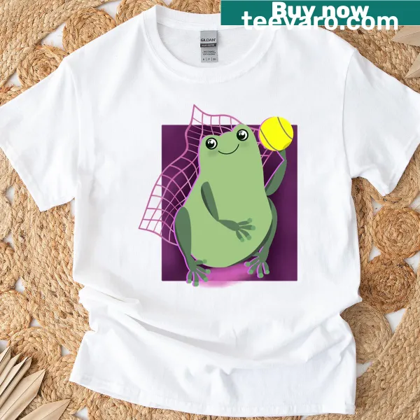 Illustration of a frog playing tennis on a humorous T-shirt