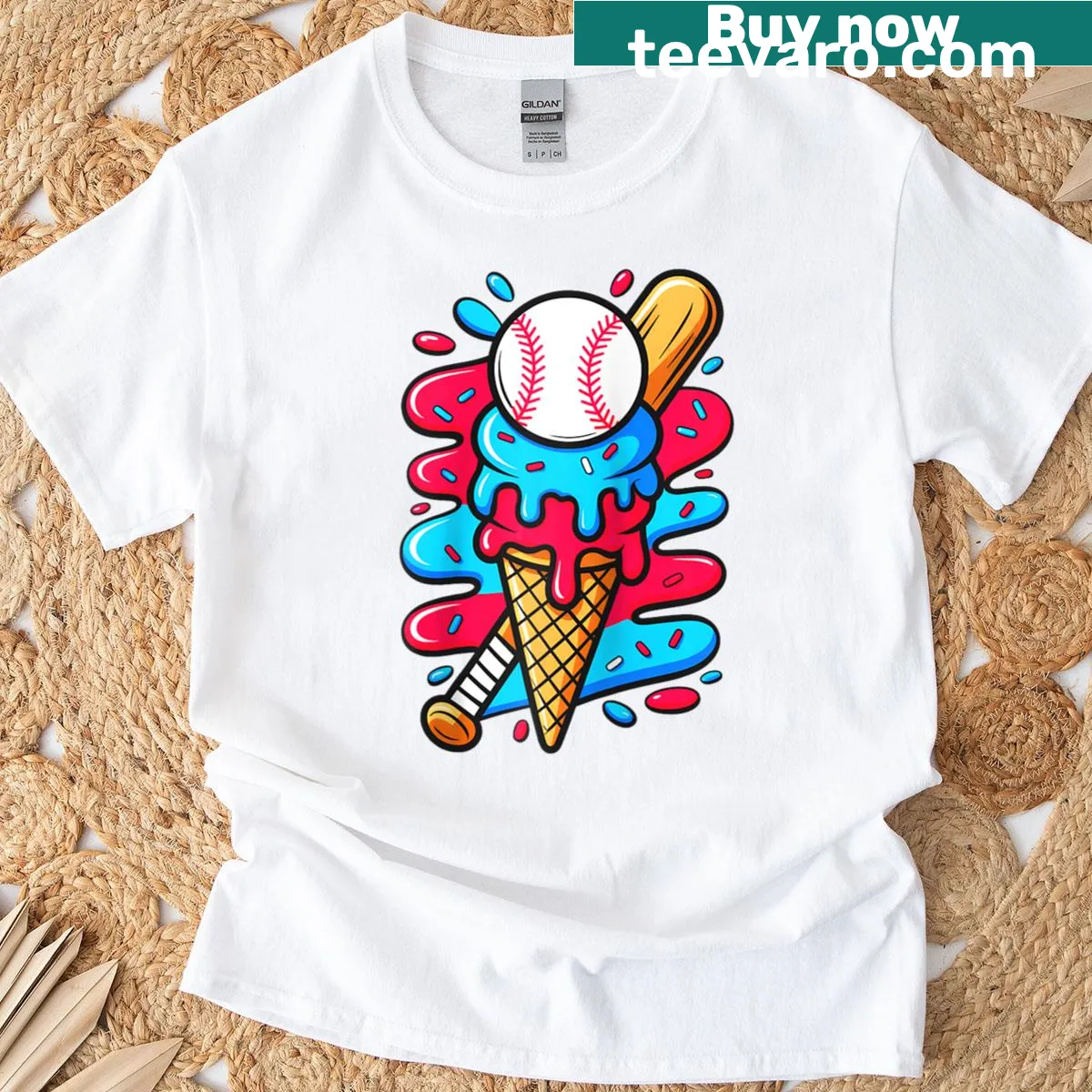Cartoon baseball ice cream cone with a drip graphic — on a men's t-shirt