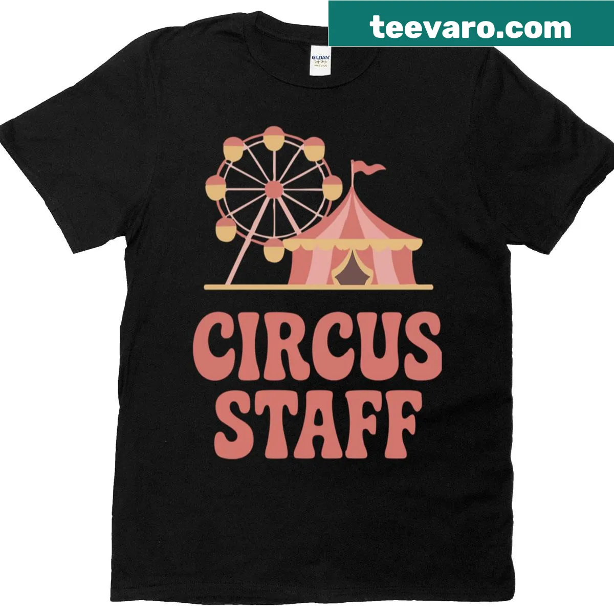 Retro T-shirt with circus staff and clown tent design — on a men's t-shirt