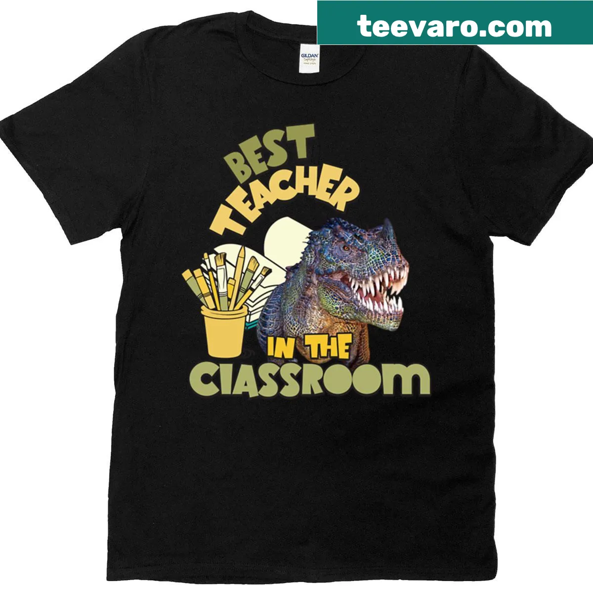 Funny T-shirt with a dinosaur proclaiming best teacher in the classroom — on a men's t-shirt