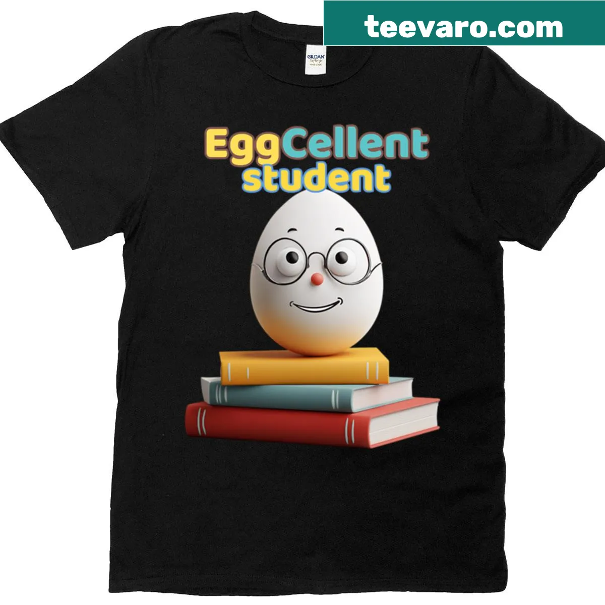 Funny T-shirt with a cartoon egg on a stack of books — on a men's t-shirt