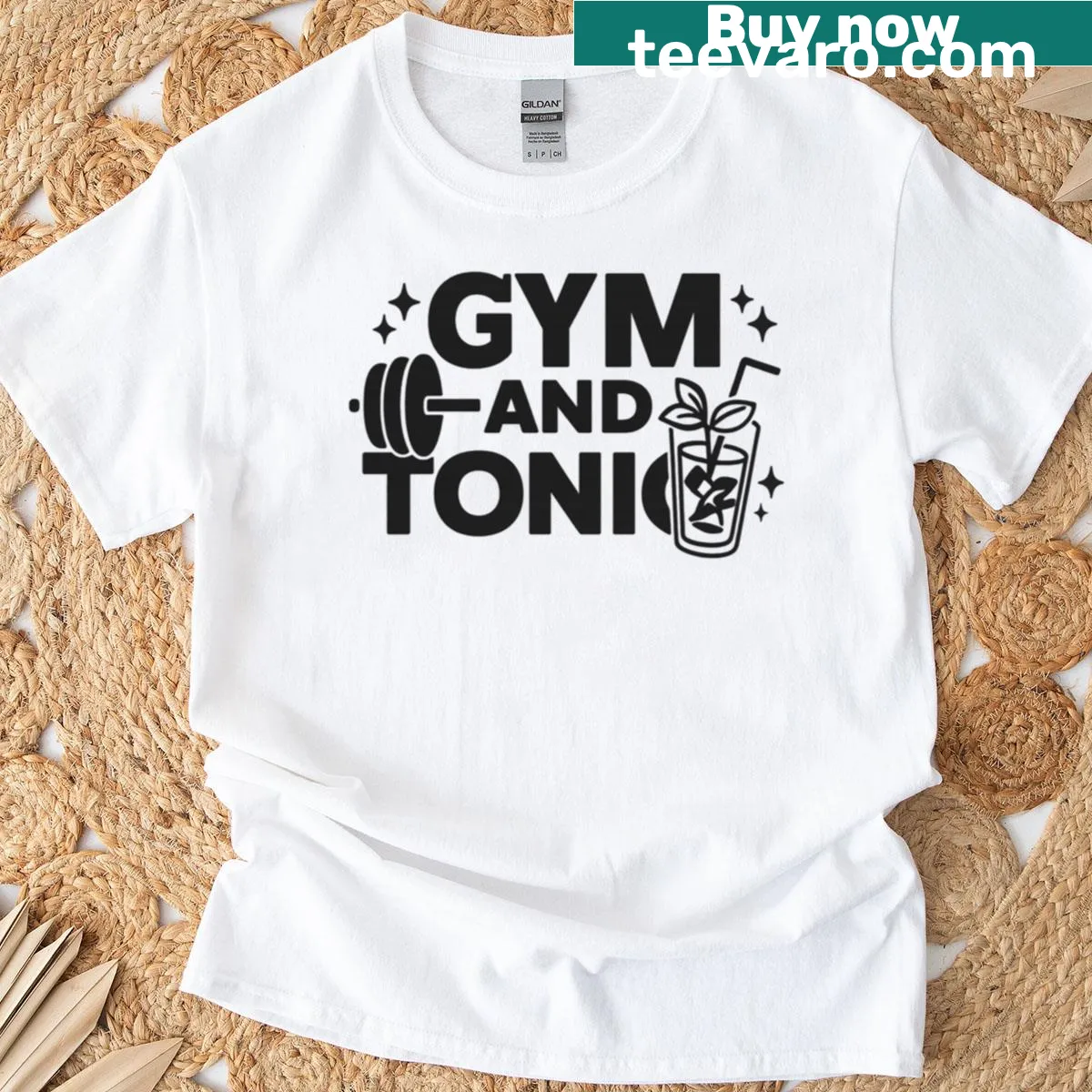 Funny fitness graphic text with barbell and cocktail illustration — on a men's t-shirt