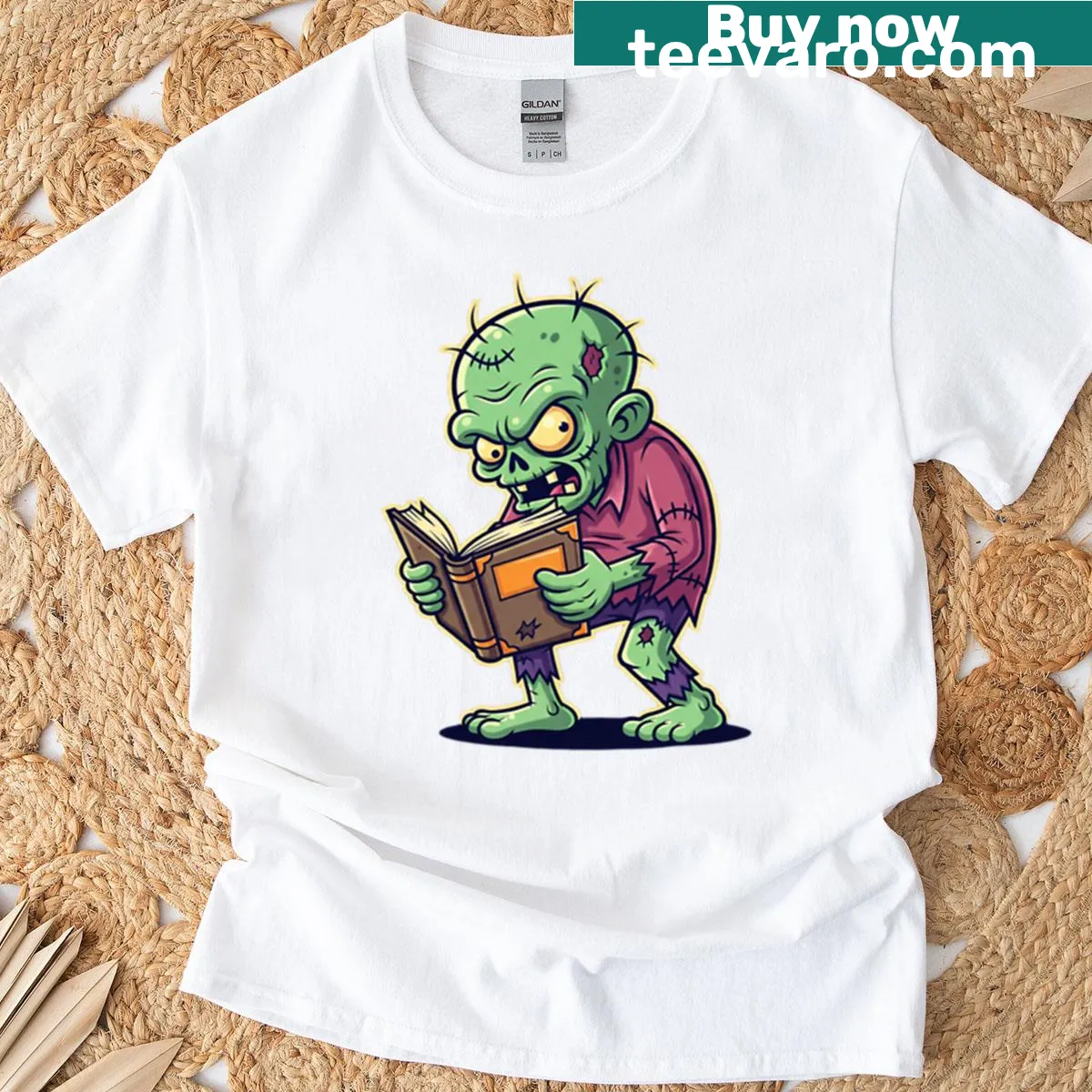 Illustrated whimsical reading humor graphic t-shirt for women — on a men's t-shirt