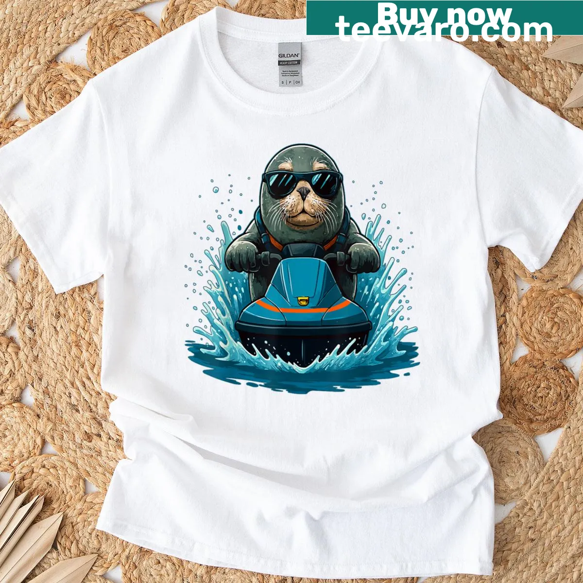 Illustration of a seal with sunglasses riding a jet ski — on a men's t-shirt