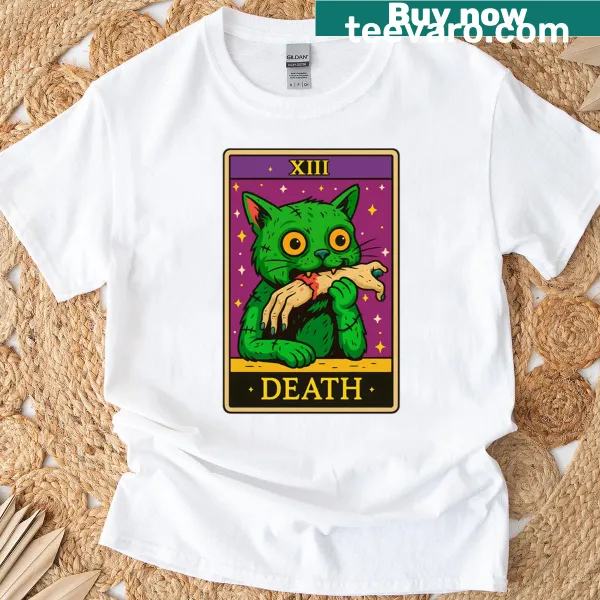 Cartoon zombie cat with tarot theme on a Halloween t-shirt