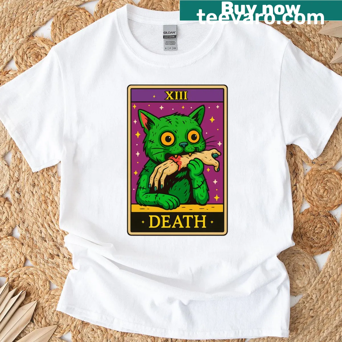 Cartoon zombie cat with tarot theme on a Halloween t-shirt — on a men's t-shirt