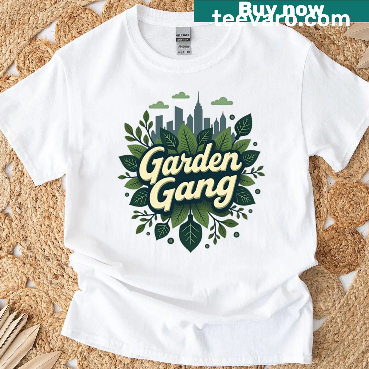Charming gardening illustration with tools and plants on a t-shirt — on a men's t-shirt