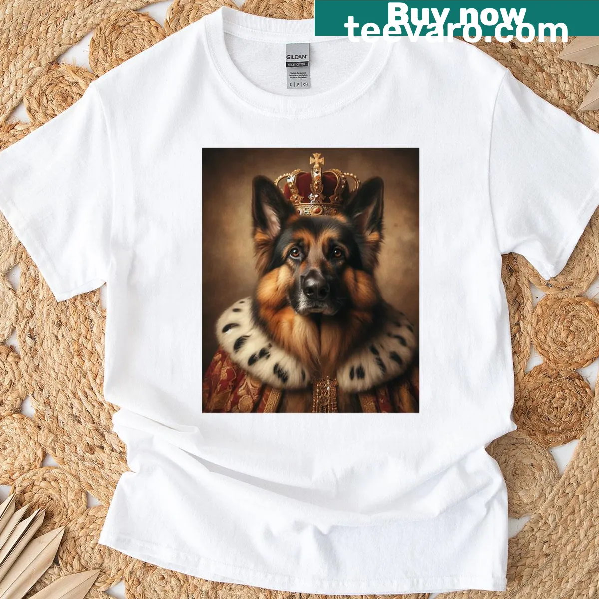 Realistic portrait of a German Shepherd in royal costume on a t-shirt — on a men's t-shirt