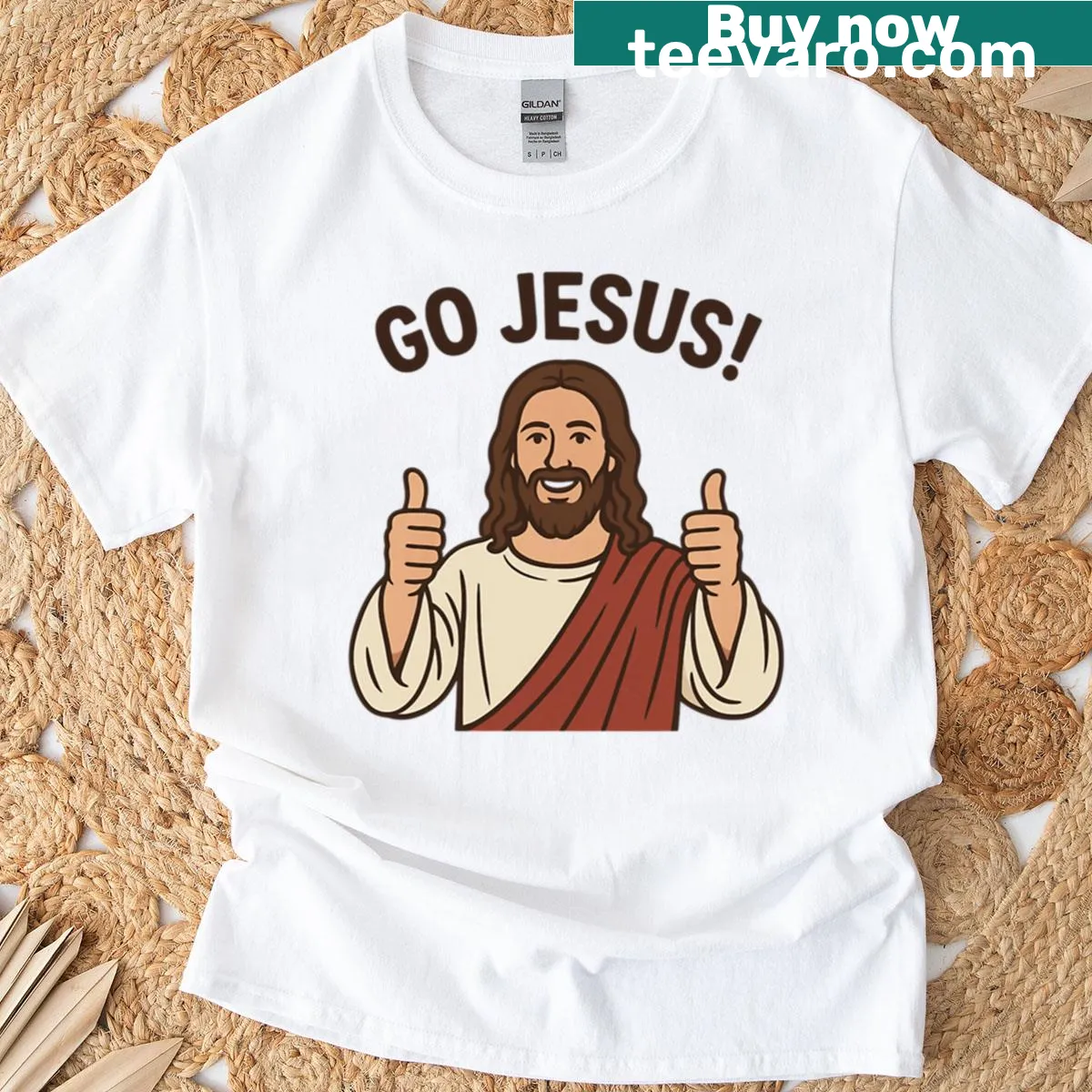 Cartoon Jesus giving thumbs up on a t-shirt — on a men's t-shirt