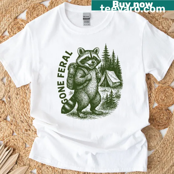 Bold typography 'Gone Feral' on a survival-themed T-shirt.