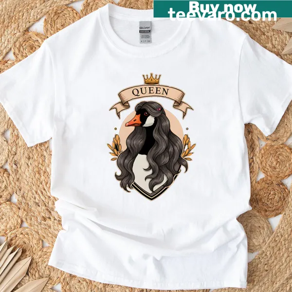 Whimsical illustration of a crowned goose on a women’s t-shirt