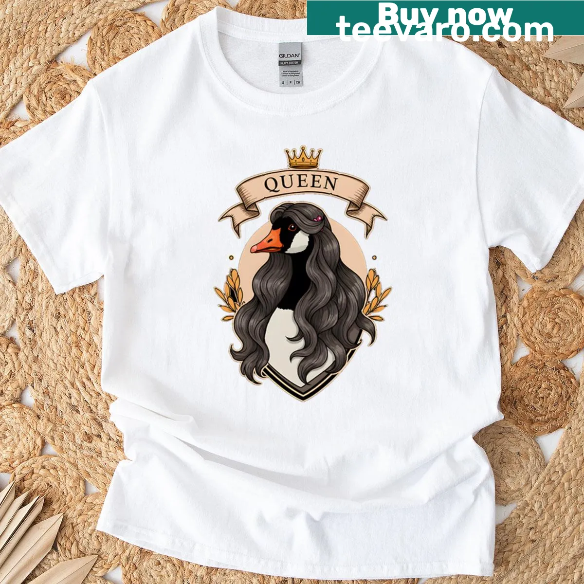 Whimsical illustration of a crowned goose on a women’s t-shirt — on a men's t-shirt