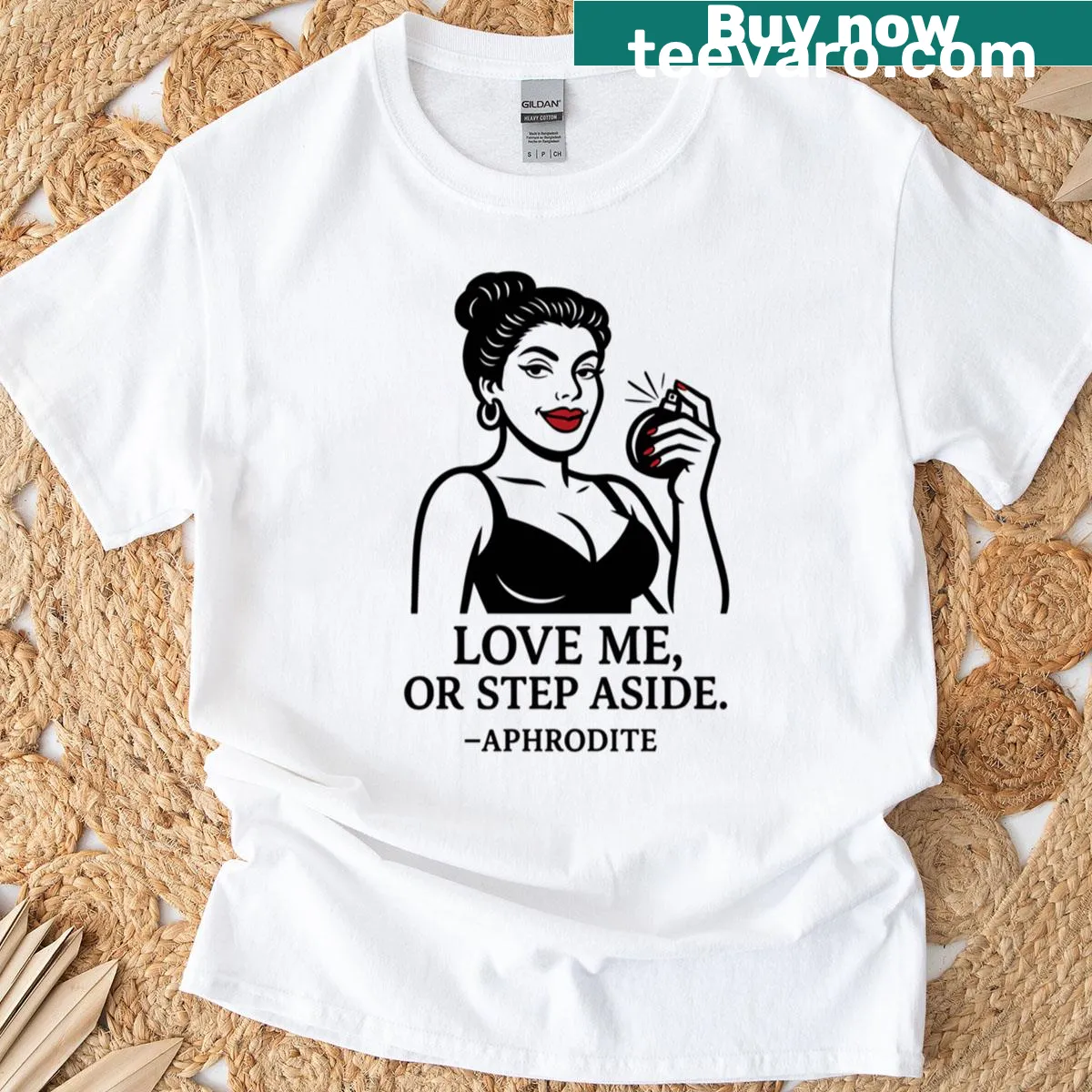 Illustration of Aphrodite with quote on a stylish t-shirt — on a men's t-shirt