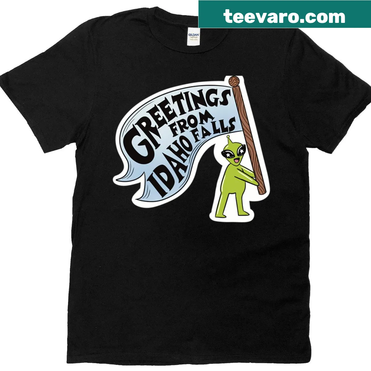 Greetings From Idaho Falls T-shirt with alien banner design — on a men's t-shirt