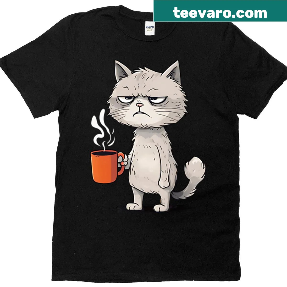 Grumpy Cat holding a coffee mug on an oversized t-shirt — on a men's t-shirt
