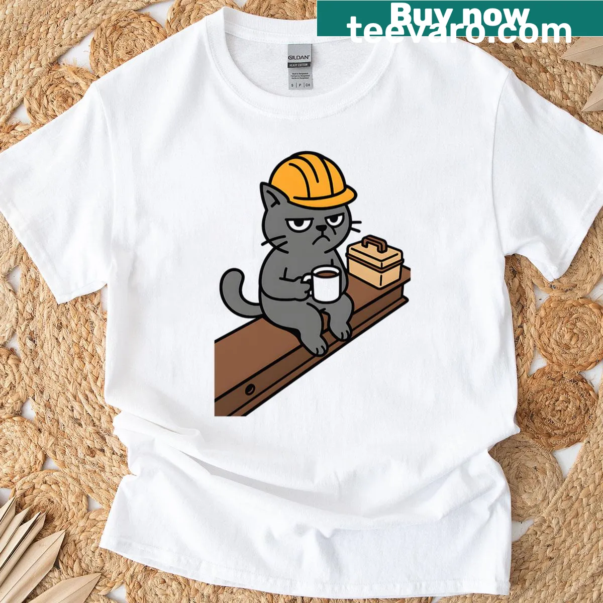 Illustration of a grumpy cat lounging on a T-shirt design — on a men's t-shirt