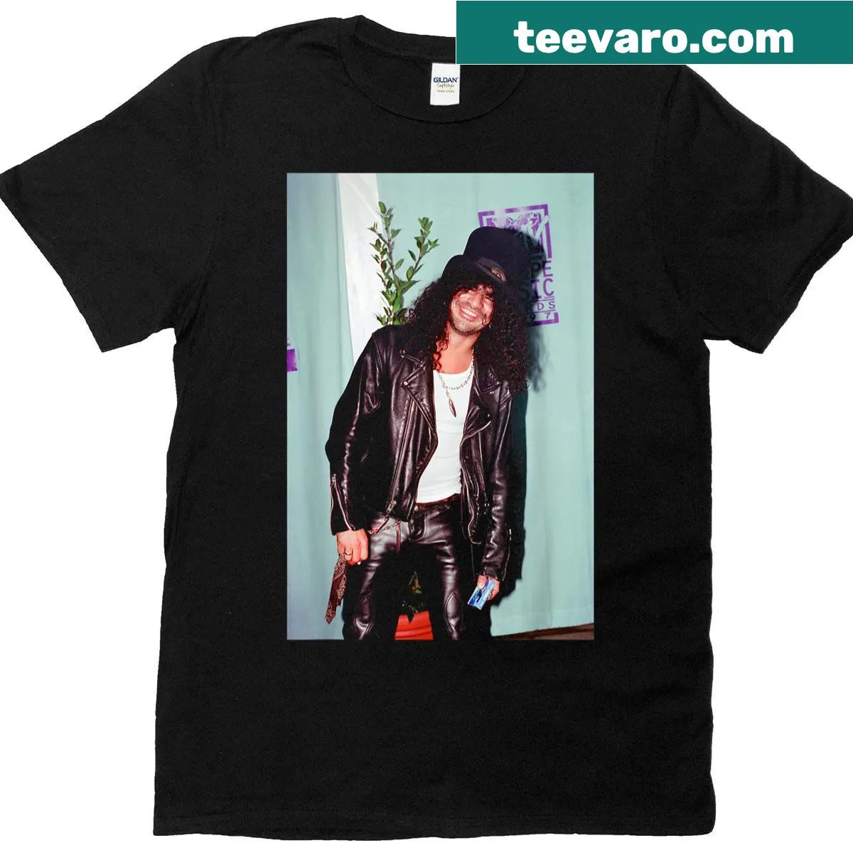 Vintage-style t-shirt featuring Slash, the Guns N Roses lead guitarist from 1997 — on a men's t-shirt