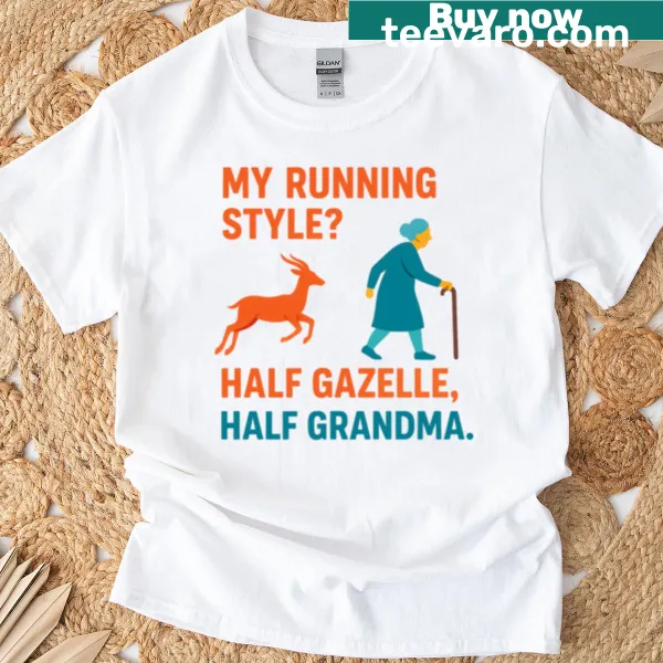 Funny graphic of a half gazelle, half grandma running on a T-shirt