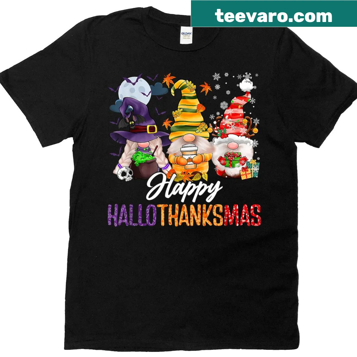 Illustrated gnomes celebrate Halloween, Thanksgiving, and Christmas in a fun design — on a men's t-shirt