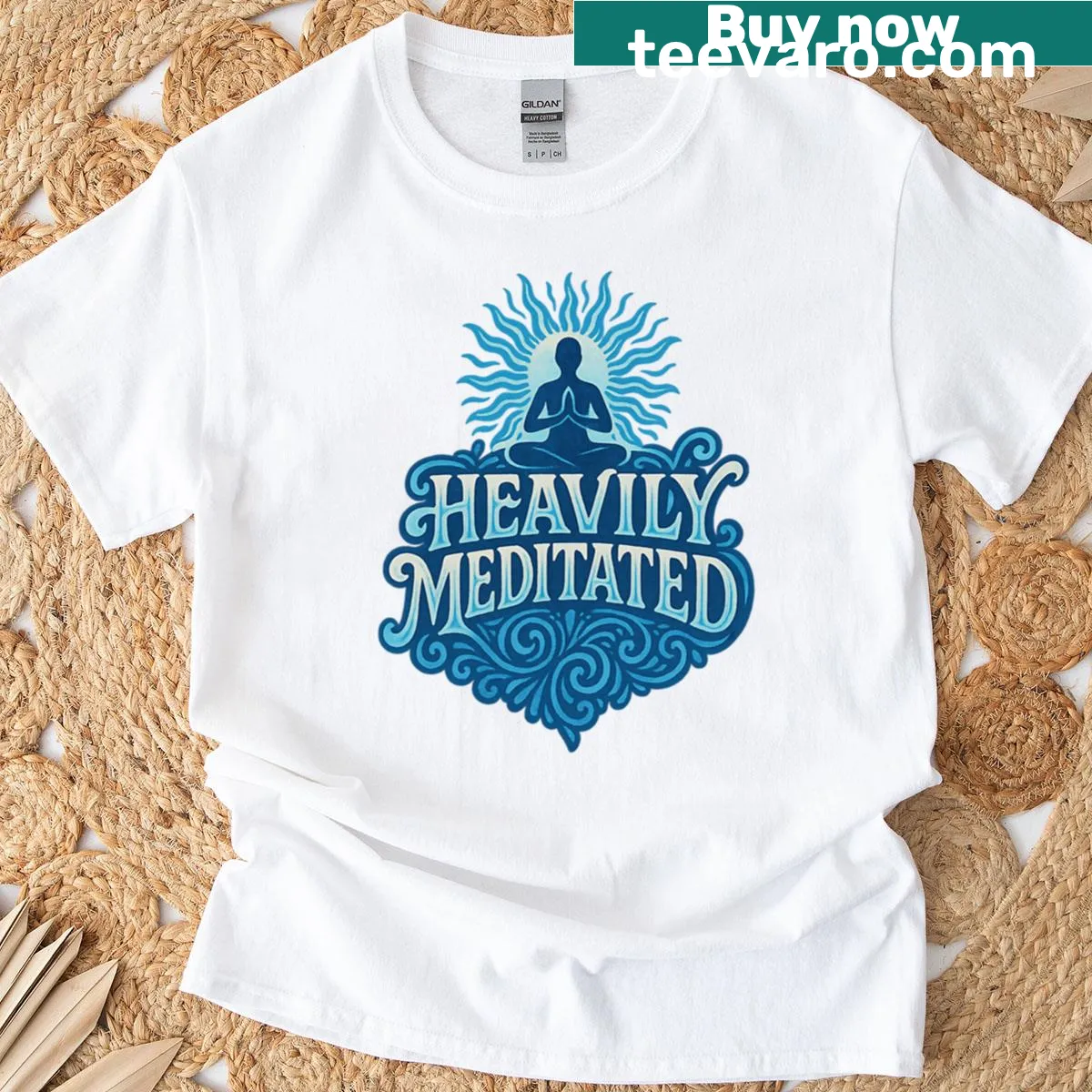 Yoga-themed T-shirt with 'Heavily Meditated' and sun graphic — on a men's t-shirt