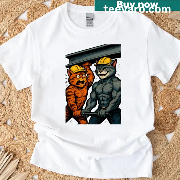 Playful T-shirt featuring a cat team lifting weights in a humorous design