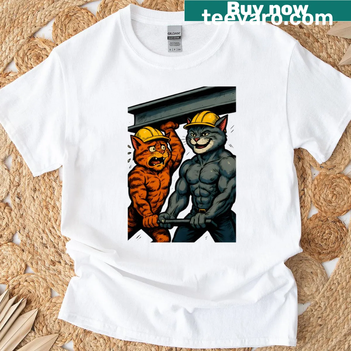 Playful T-shirt featuring a cat team lifting weights in a humorous design — on a men's t-shirt