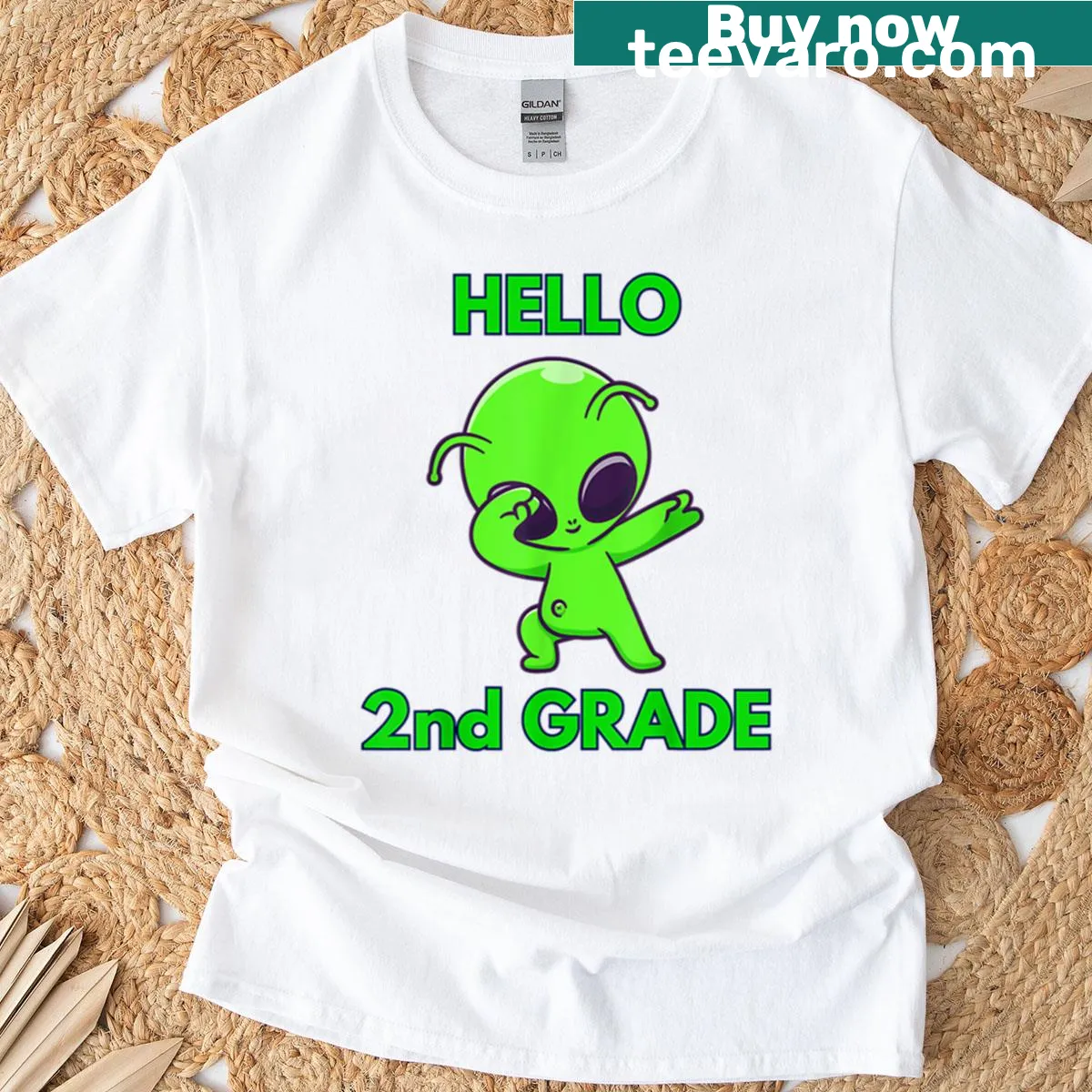 Cute alien dabbing graphic on a school-themed t-shirt — on a men's t-shirt