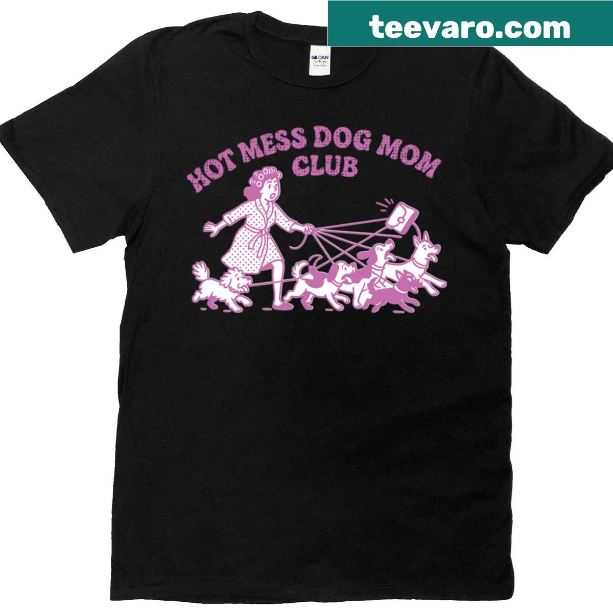 Funny dog mom t-shirt with chaotic dog-themed illustrations — on a men's t-shirt