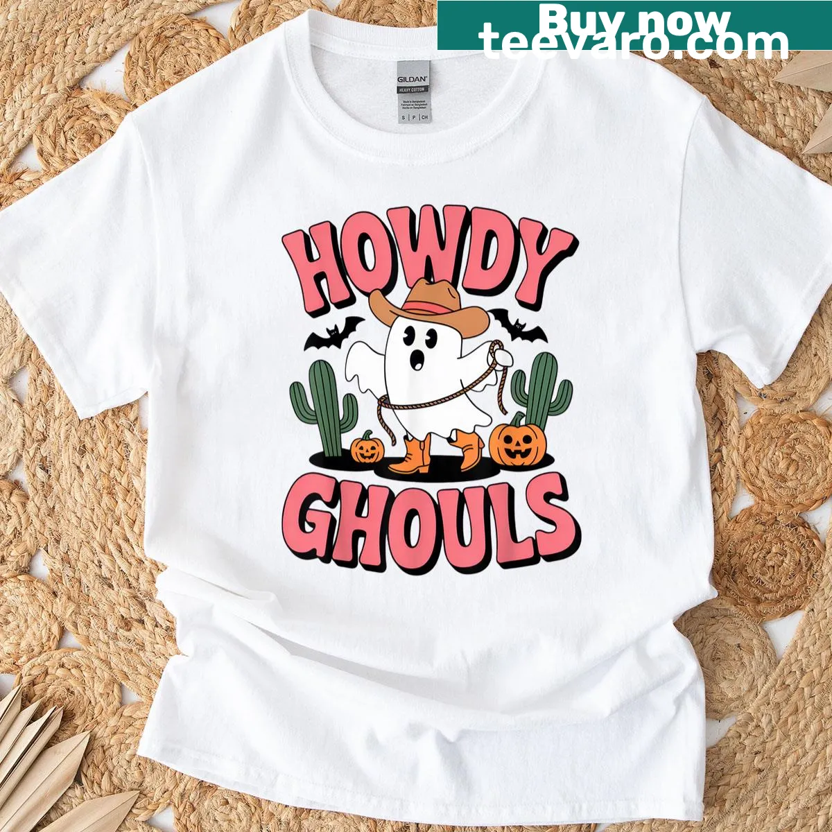 Cute cowboy ghost graphic with the phrase 'Howdy Ghouls' for Halloween — on a men's t-shirt